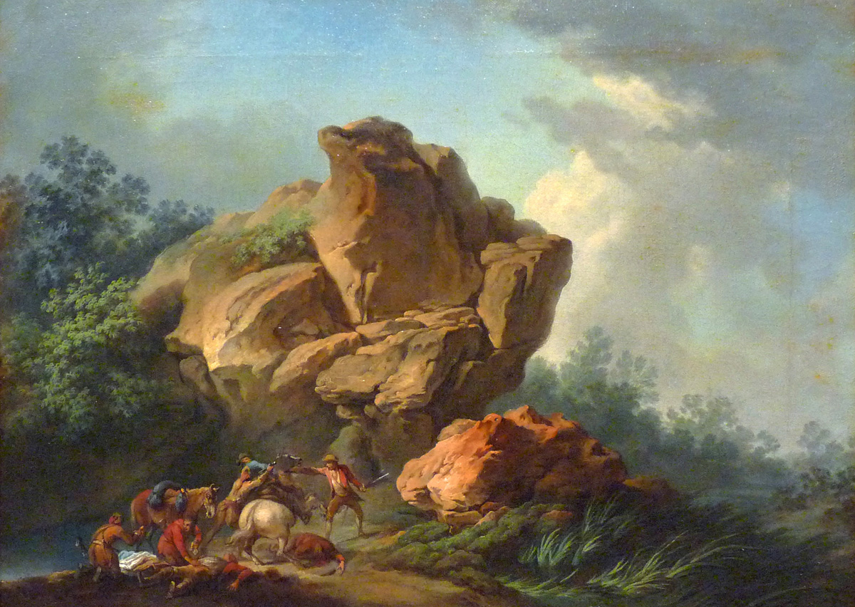 robbers attacking travellers in a mountain gorge